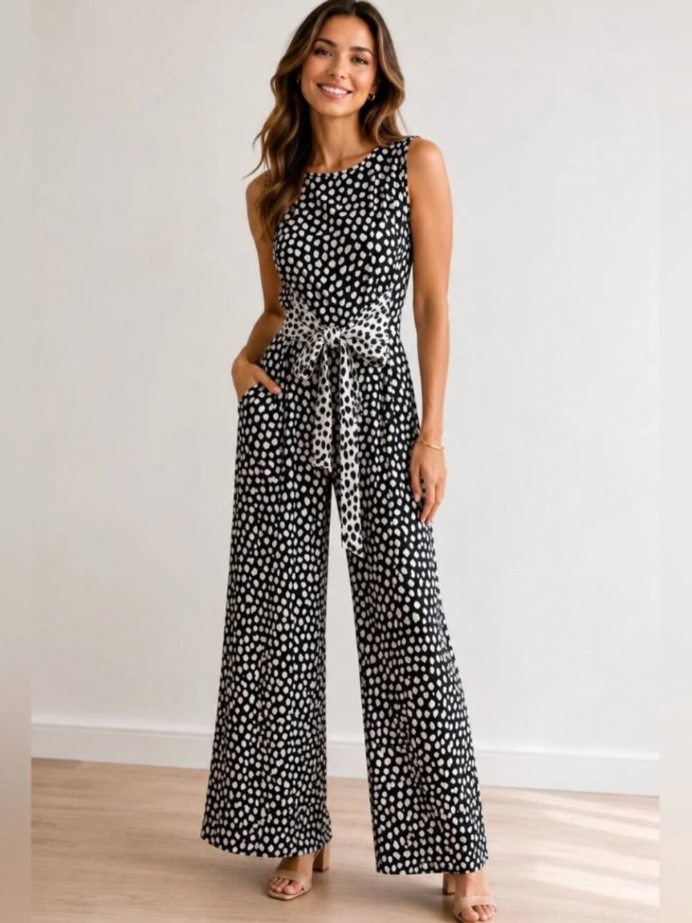 NWOT J. Crew Sleeveless Black & White Polka Dot Wide-Leg Jumpsuit 100% silk